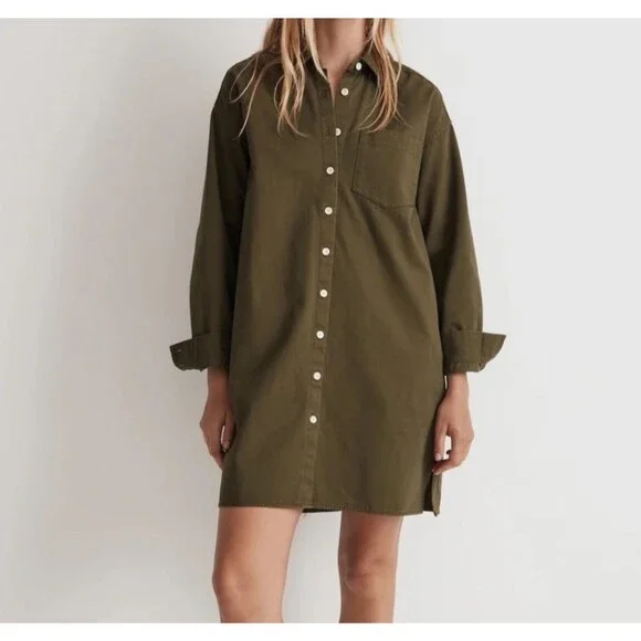 MADEWELL Mini Shirtdress Loden Olive Green 100% Cotton Button Up Boho Casual XS - Picture 1 of 9